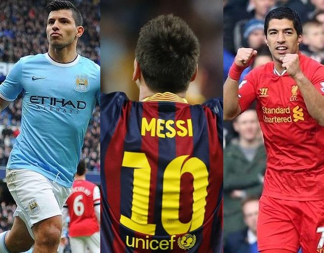 English Premier League. Manchester City, Liverpool, Sergio Aguero, Luis Suarez, Lionel Messi